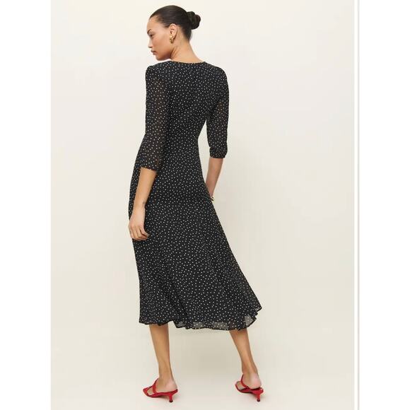 Reformation Mels Chiffon Polka Dot 3/4 Sleeve A-Line Midi Dress Black White 2 - Picture 13 of 16